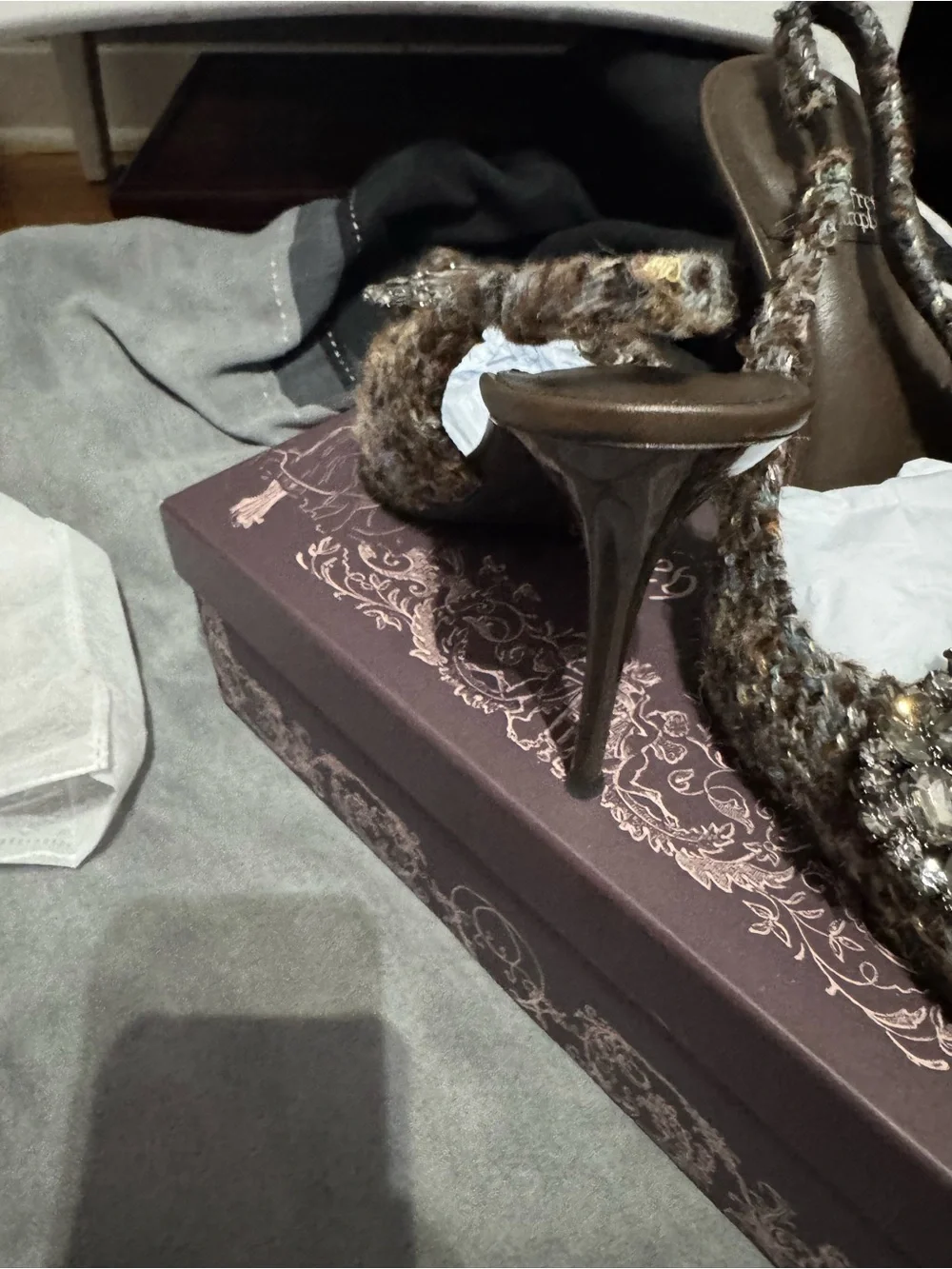 Jeffrey Campbell Brown Tweed Slingback Heel with Crystal Brooch